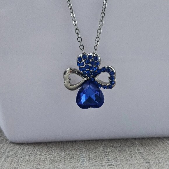 4 Hearts Pendant Necklace Blue Crystals Accent Silver Tone Chain Fashion Jewelry - Picture 7 of 11